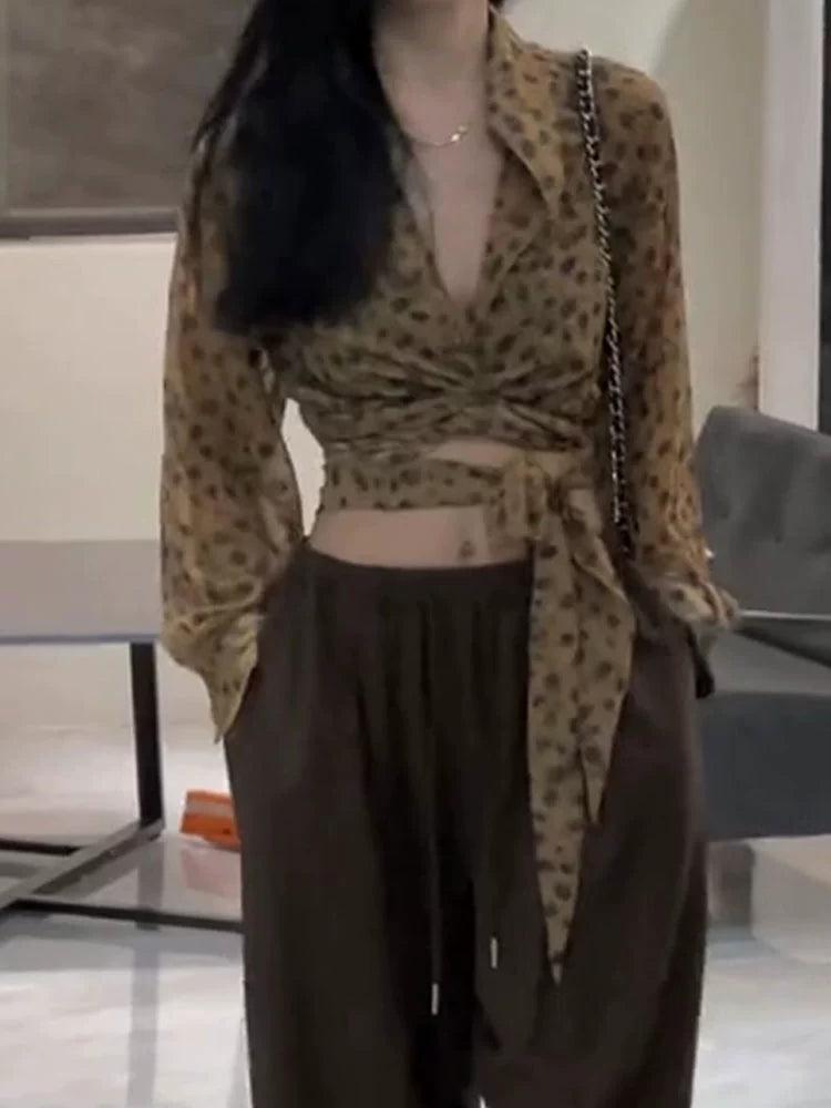 Hong Kong Retro Cross-Strap Leopard Print Shirt for Women - ClubOn