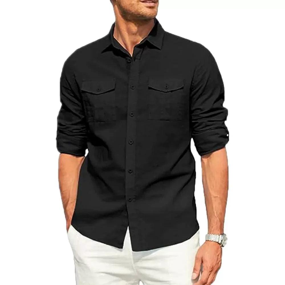 Men's Shirt Double Pocket Cotton Linen Long Sleeve Casual Shirt - ClubOn