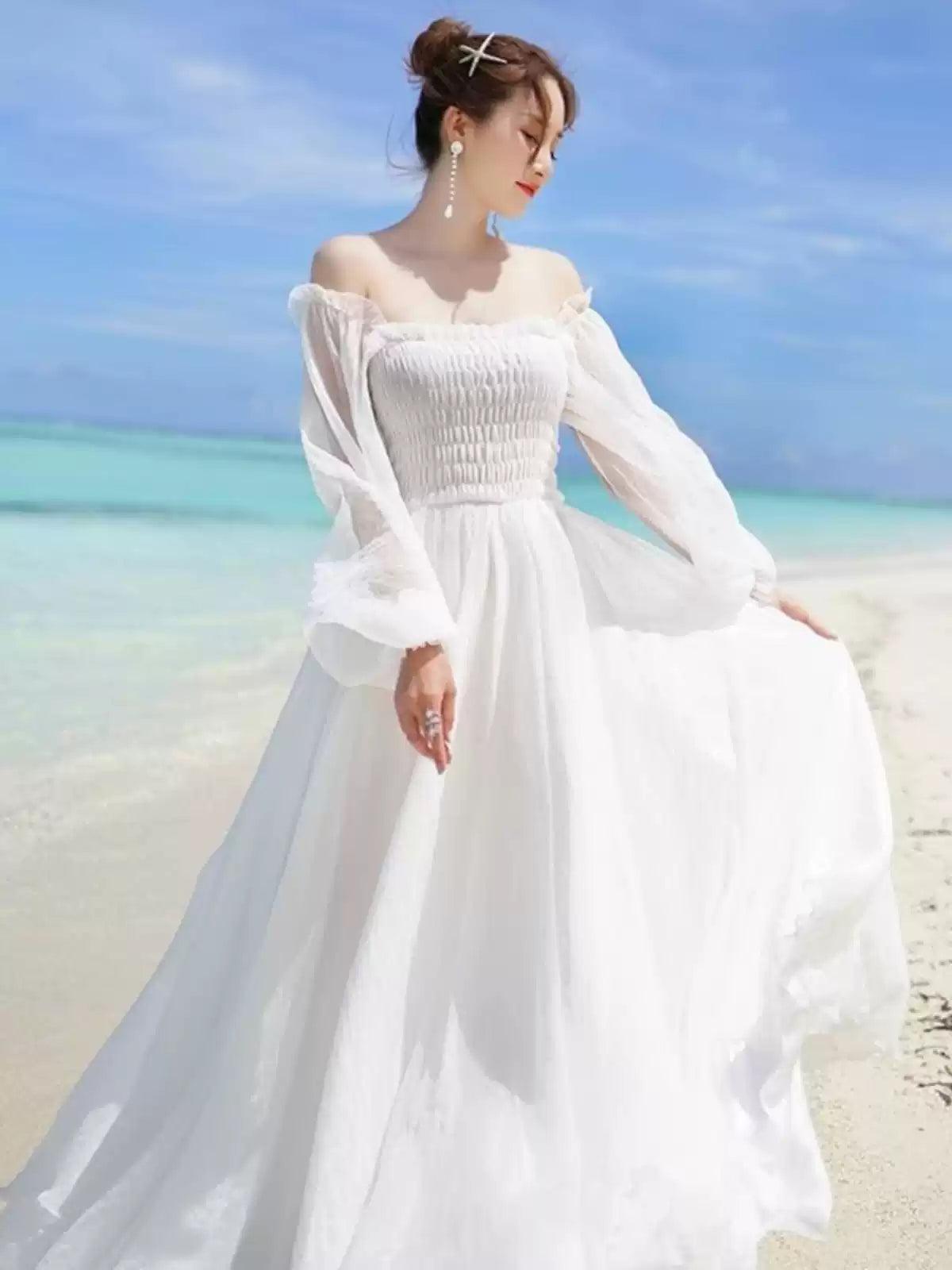 Resort Dress, White Off-Shoulder Chiffon Beach Long Dress - ClubOn