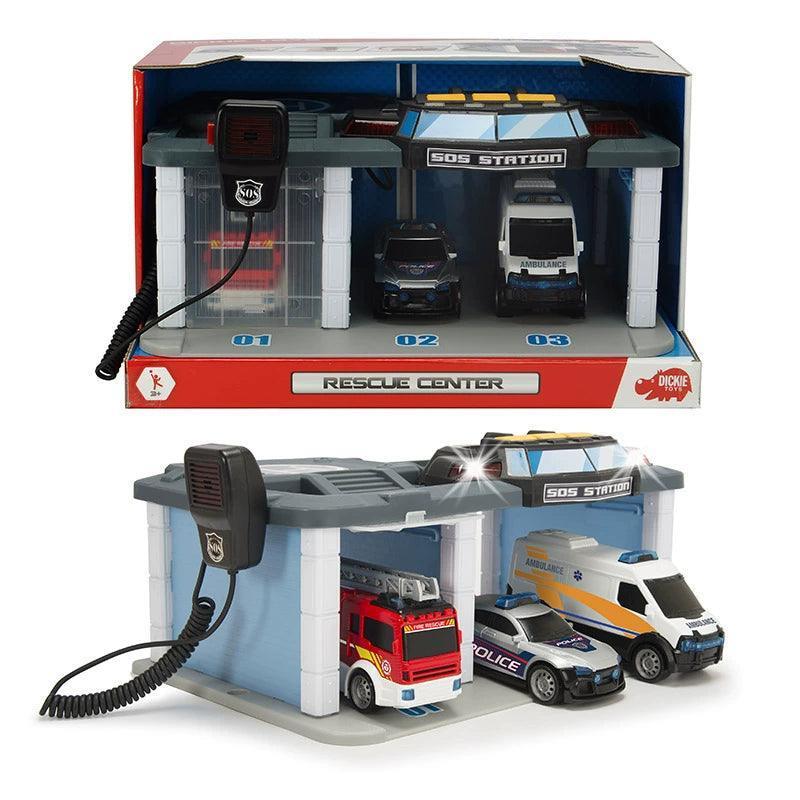 DICKIE TOYS Rescue Command Center – Police Car, Fire Truck & Ambulance Toy Set - ClubOn