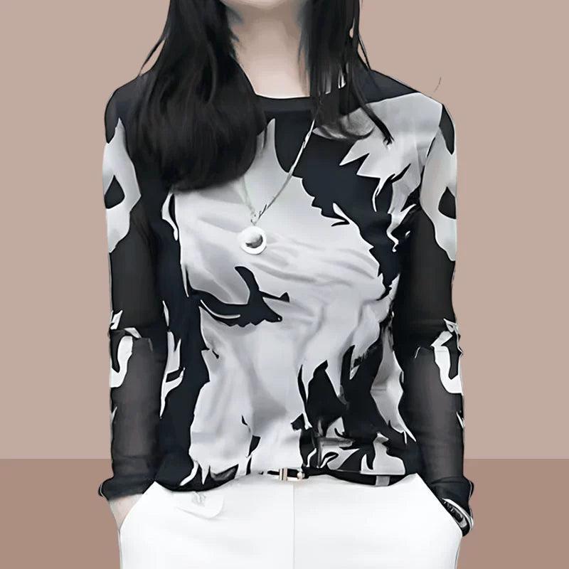 2024 Women's Round Neck Mesh Tie-Dye Long Sleeve Top - ClubOn