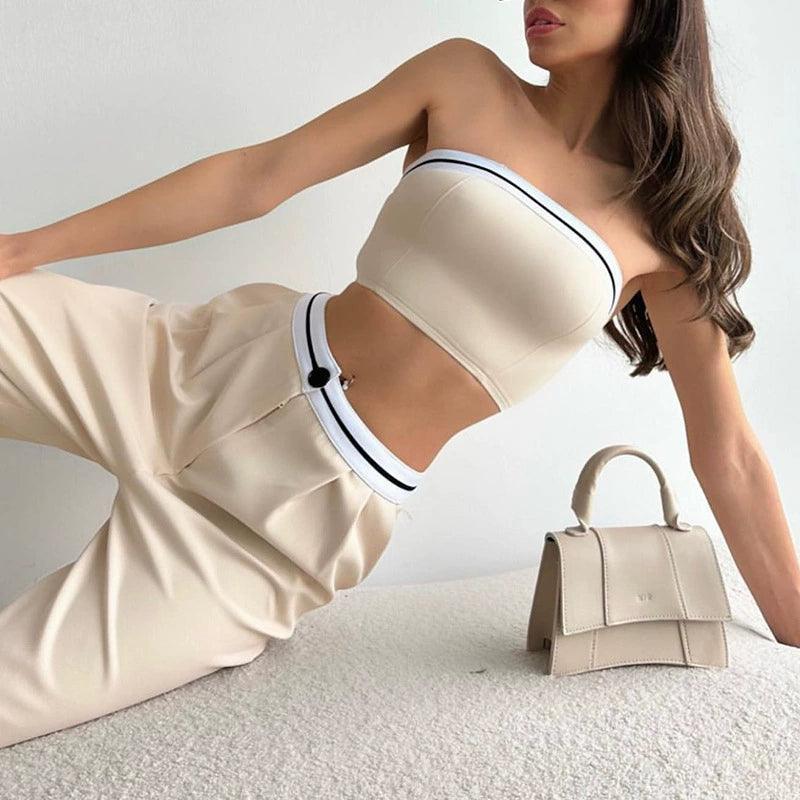 Women’s Sexy Two-Piece Set - Contrast Color Vest & Wide Leg Pants - ClubOn