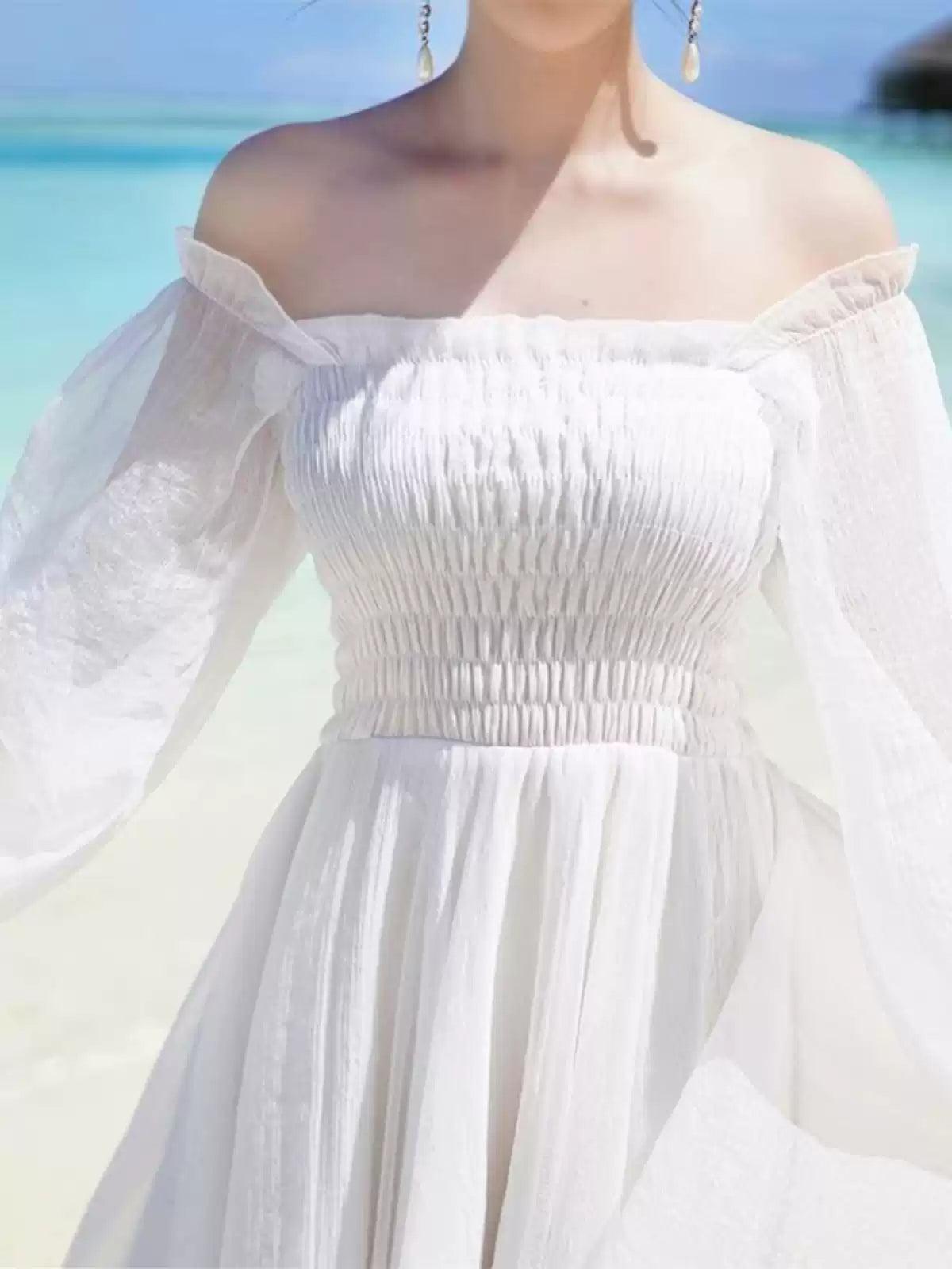 Resort Dress, White Off-Shoulder Chiffon Beach Long Dress - ClubOn