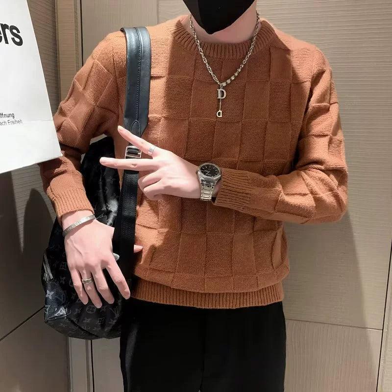 Men's Solid Color Round Neck Sweater - Plaid Wool Sweater - ClubOn