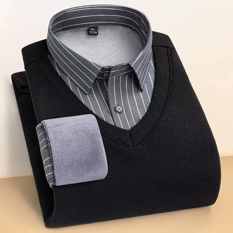 Paul Men's Autumn & Winter Plus Velvet Striped Sweater - Thickened Pullover - ClubOn