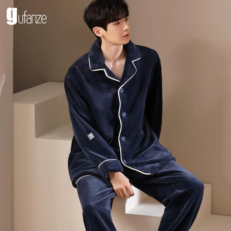 Pajamas – Men’s Flannel Thickened Velvet Coral Fleece Suit - ClubOn