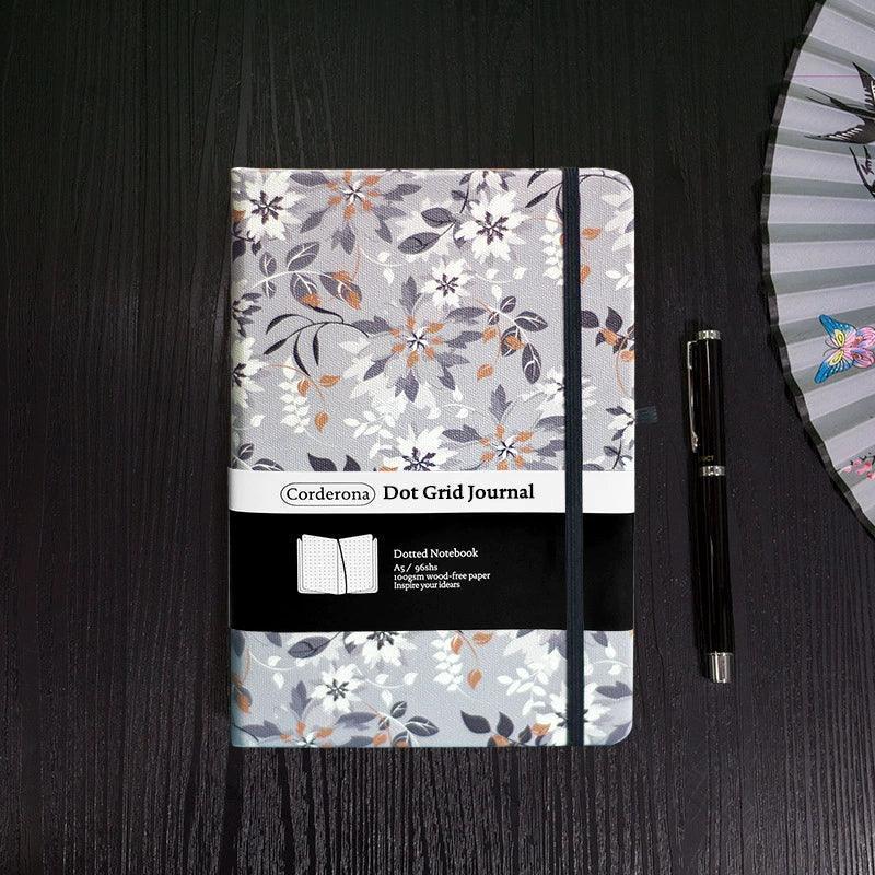 A5 Gray Floral Dot Bullet Notebook with Strap & Storage Bag - ClubOn