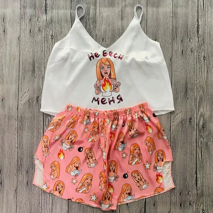 Printed Spicy Girls Shorts Pajama Set - Fun & Flirty Suspenders - ClubOn
