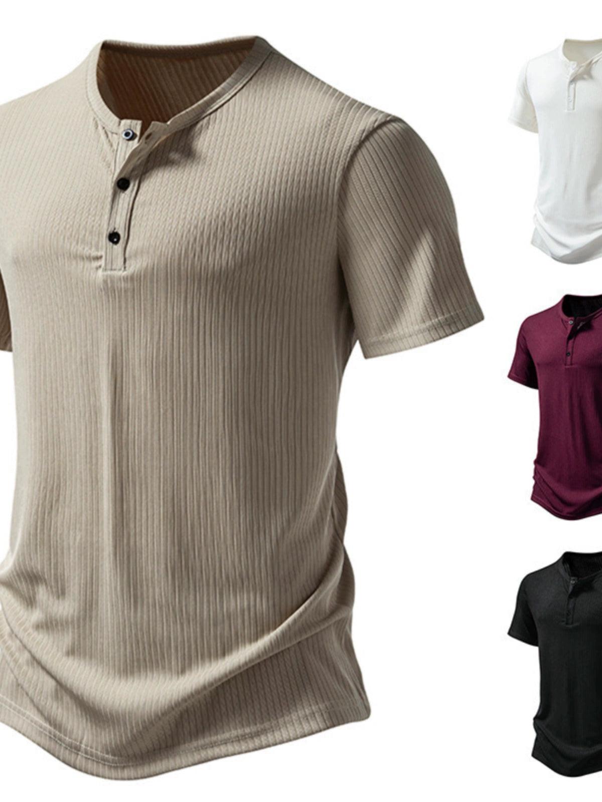 Summer Retro Solid Color Three-Button Henry Collar Short Sleeve T-Shirt Men's T-Shirt - ClubOn
