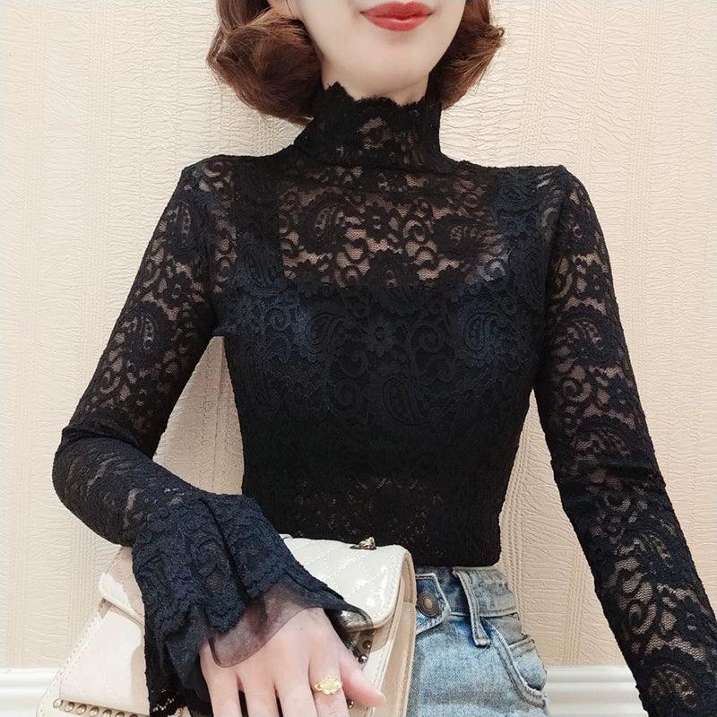 Lace Bottoming Shirt with Mesh Ruffled High Collar - ClubOn