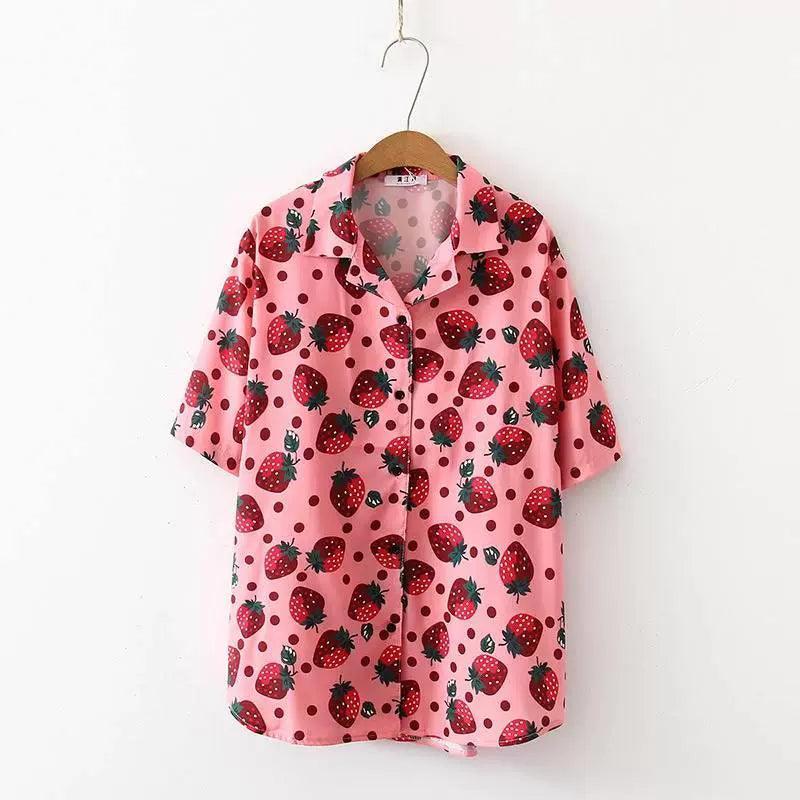 Women’s Summer Strawberry Print Blouse – Casual Holiday Top - ClubOn