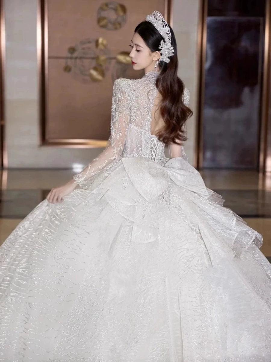 Style Deep V-neck Bridal Gown 2024, Long Sleeve, White Train - ClubOn