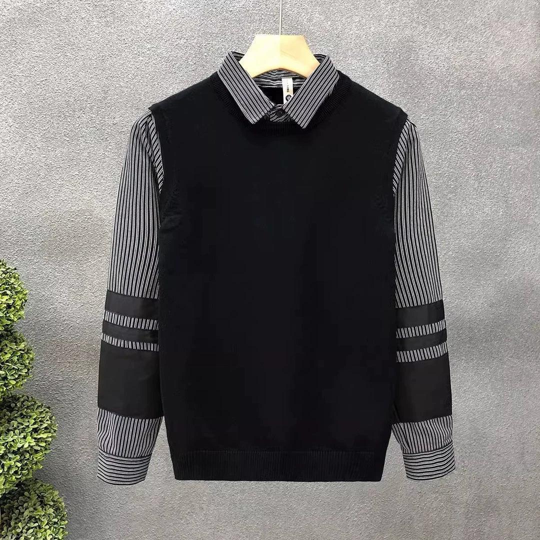 Men's Shirt Collar Fake Two-Piece Sweater - Striped Splicing, Slim Fit - ClubOn