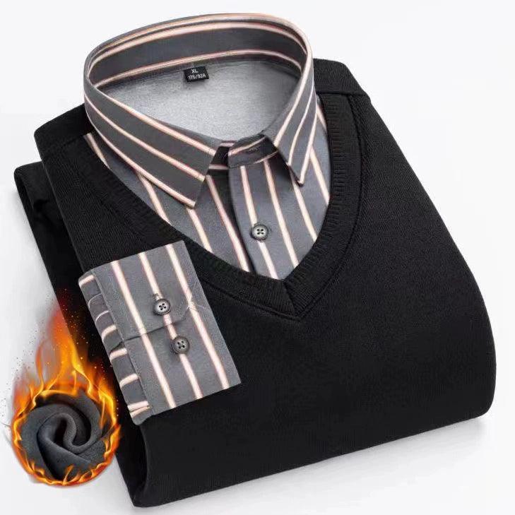 Paul Men's Autumn & Winter Plus Velvet Striped Sweater - Thickened Pullover - ClubOn