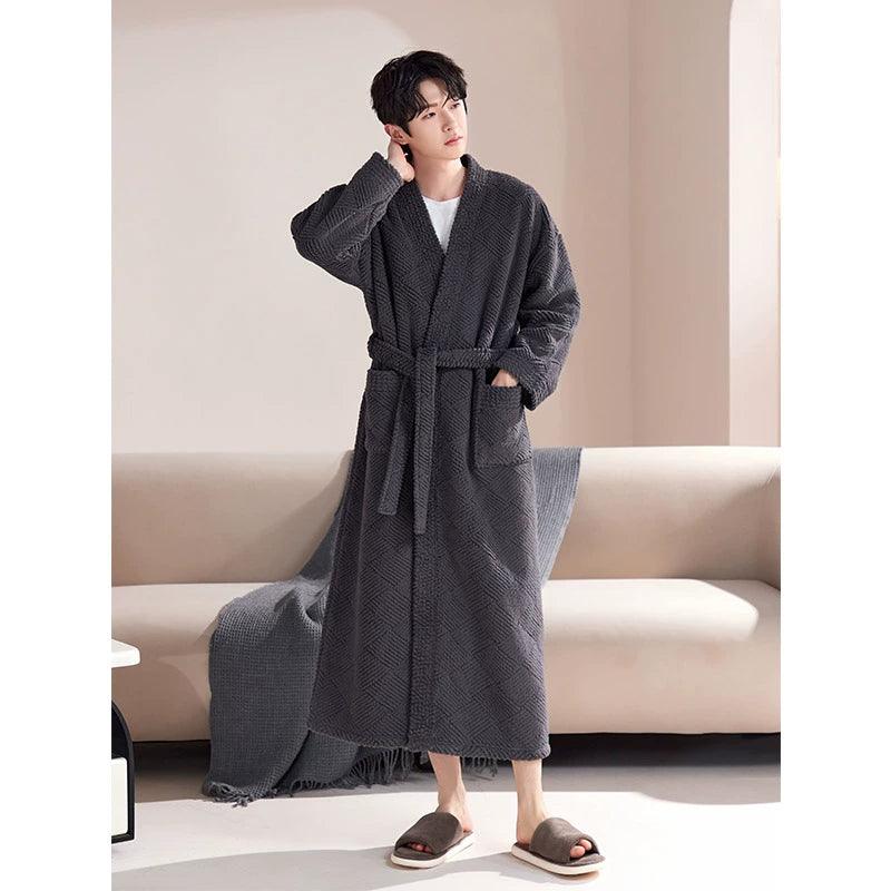 Half-Edge Velvet Nightgown Men's Autumn and Winter Thick Coral Fleece Pajamas Bathrobe - Long Home Clothes Large Size Morning Robe - ClubOn