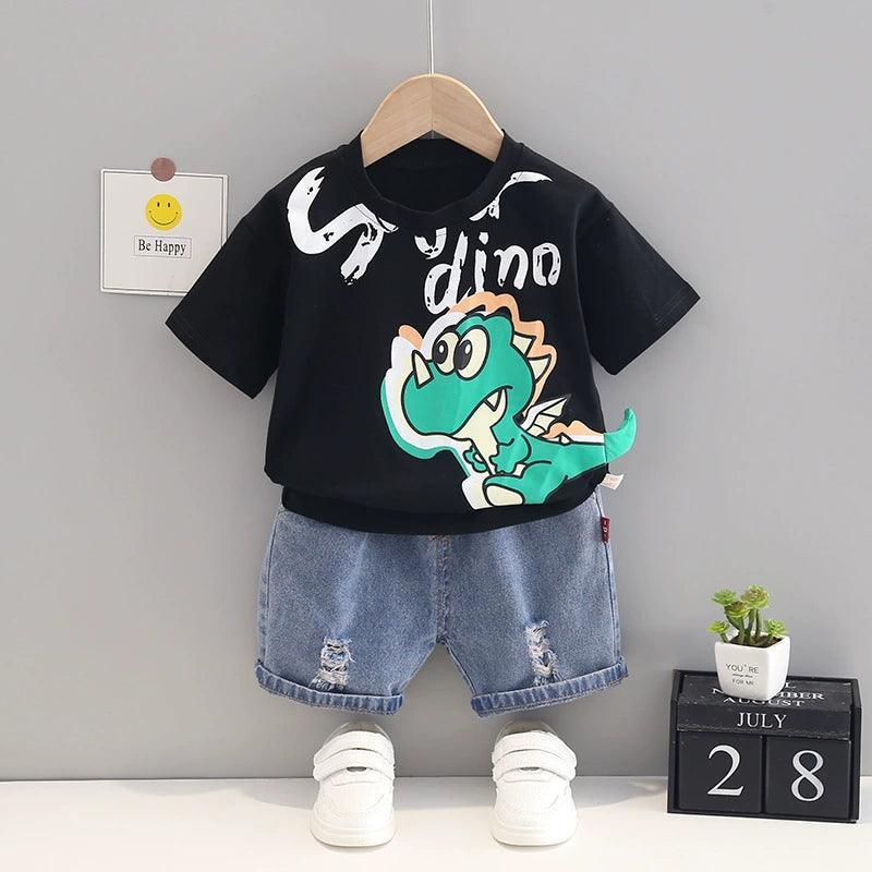 Boys Summer Dinosaur Set - Crewneck Short-Sleeved Cotton T-Shirt - ClubOn