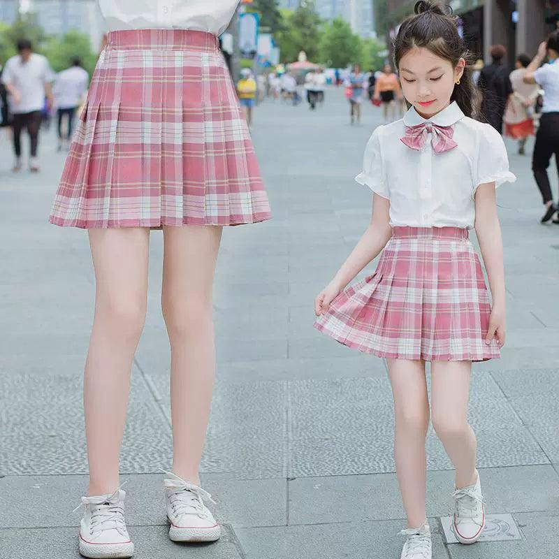Girls High-Waist Plaid Pleated Skirt – A-Line School Uniform - ClubOn