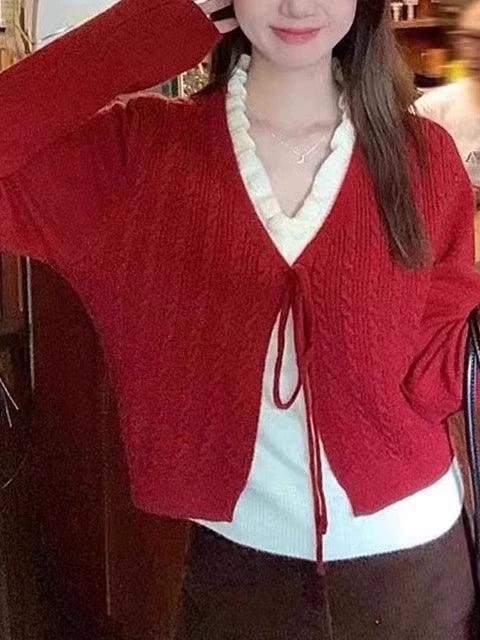 French Retro Fake Two-Piece V-Neck Sweater for Women - ClubOn