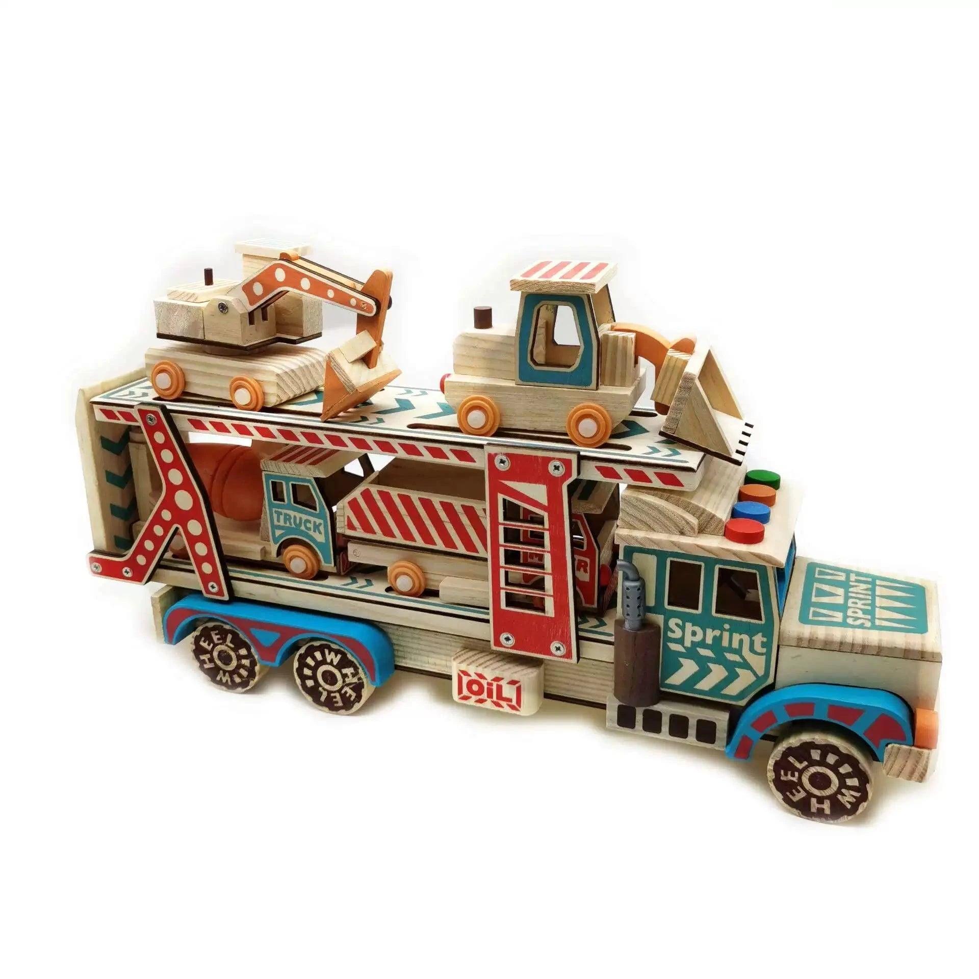 Wooden Double-Deck Transport Truck Model – Toy Car Simulation - ClubOn