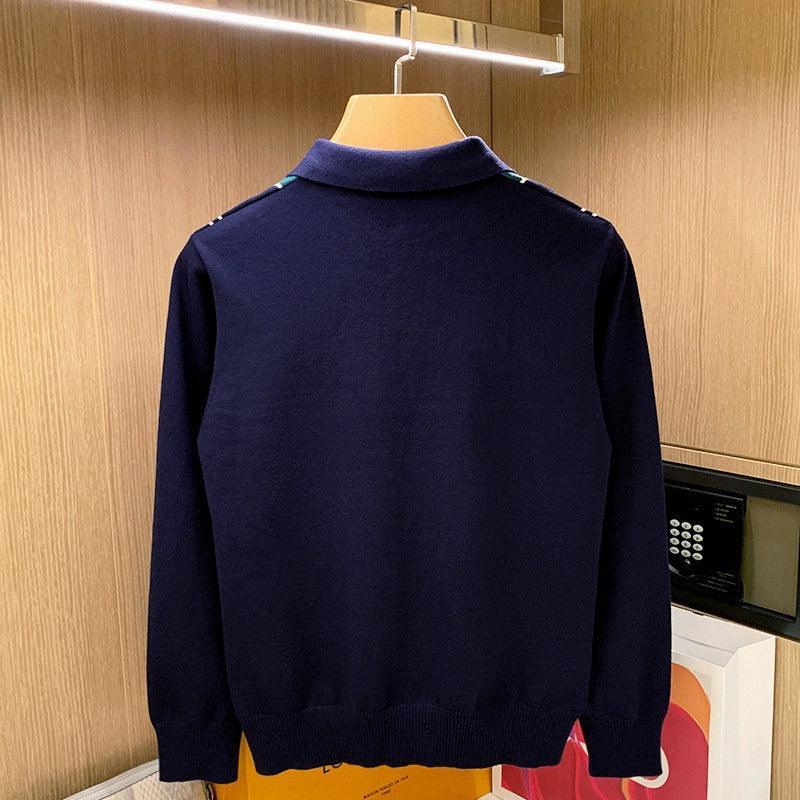 Retro Men's Slim Lapel Sweater - Color-Block Long Sleeve Polo - ClubOn
