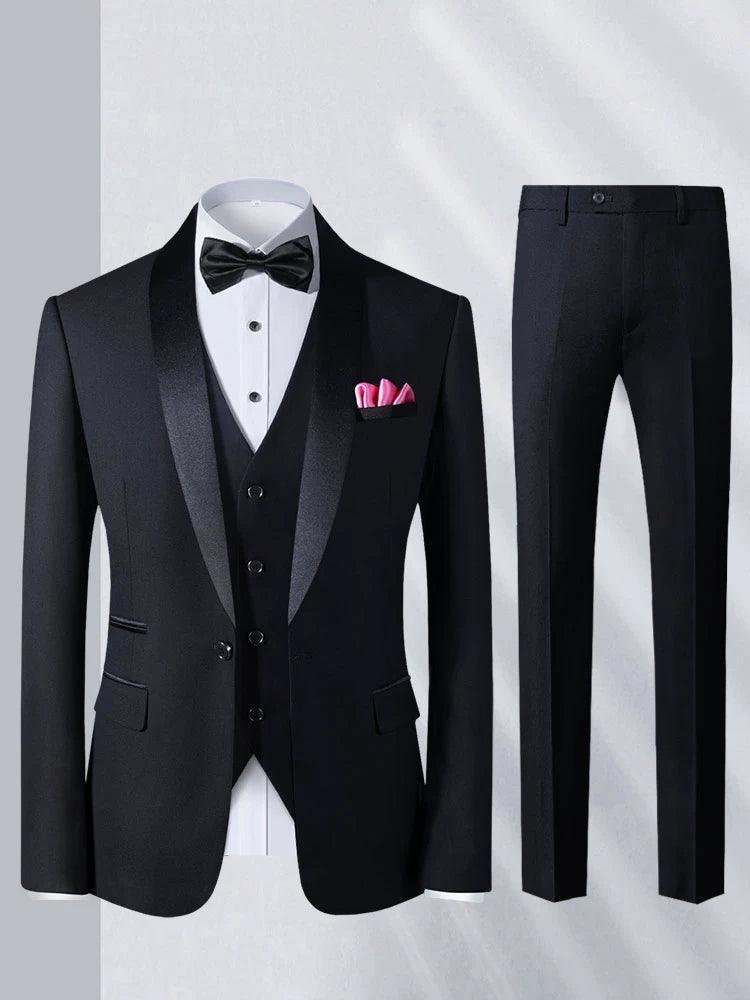 Men's Three-Piece Green Collar Groom Wedding Suit - Slim Black Groomsmen Suit - ClubOn