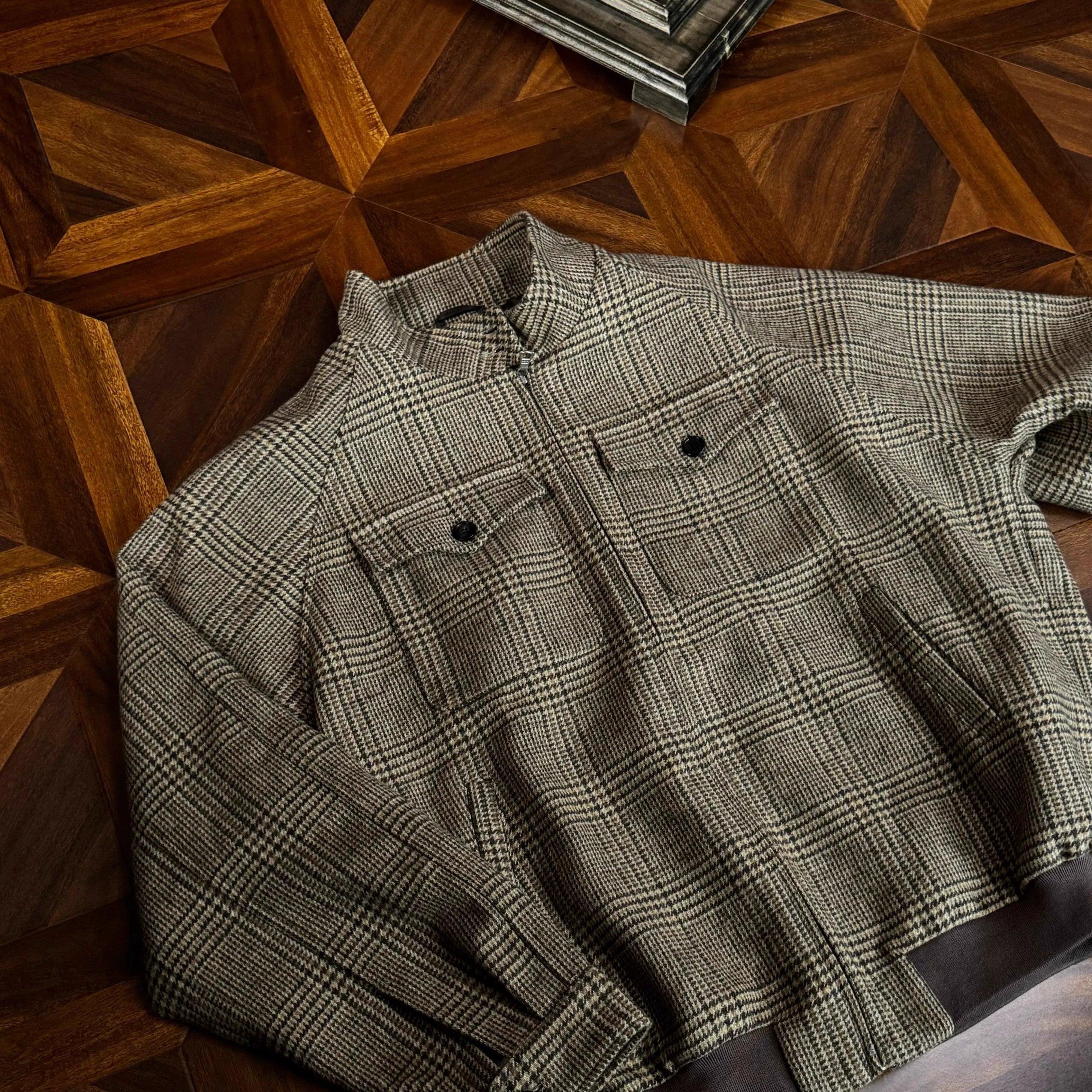 Oclin Prince of Wales Houndstooth Harrington Wool Jacket – 48% Wool - ClubOn