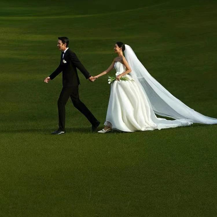 New Bridal Photoshoot Gown - Strapless Outdoor Couple Long Train Satin Wedding Dress - ClubOn