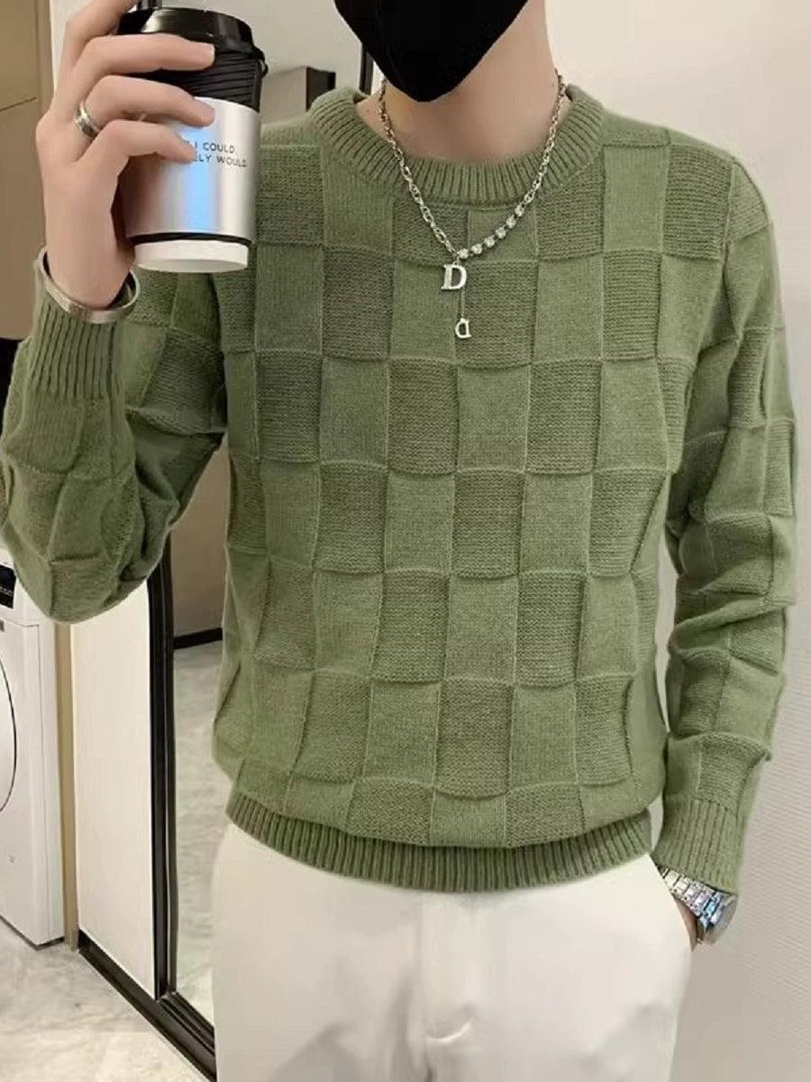 Men's Solid Color Round Neck Sweater - Plaid Wool Sweater - ClubOn