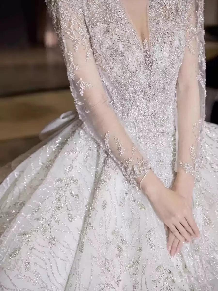 Style Deep V-neck Bridal Gown 2024, Long Sleeve, White Train - ClubOn