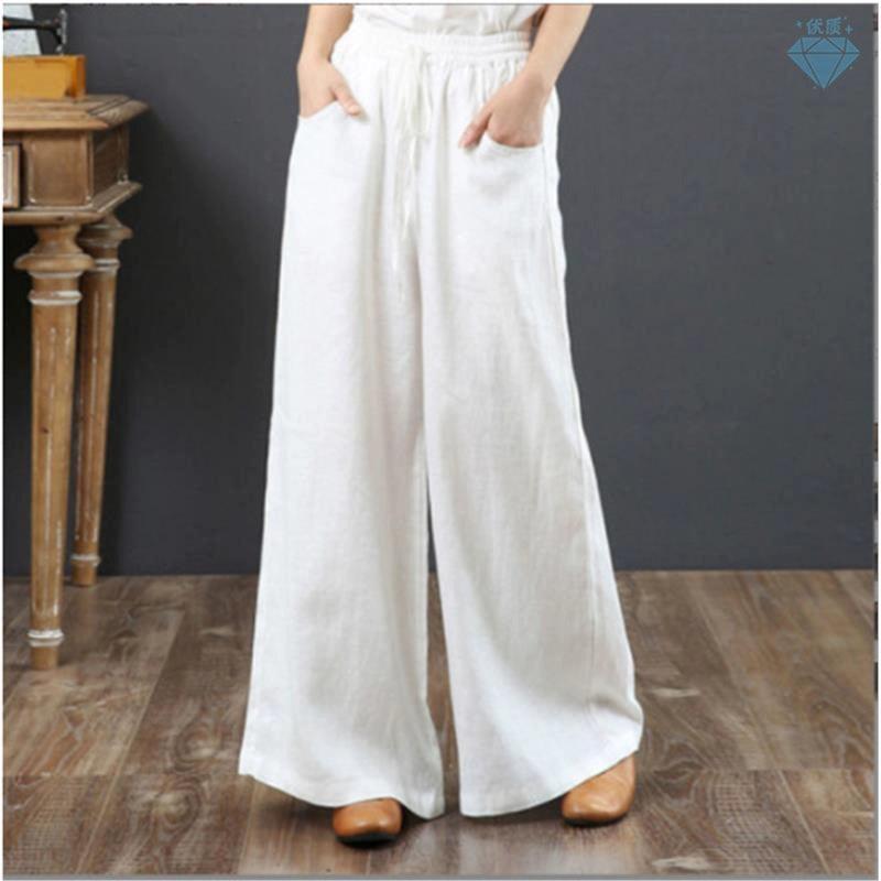 Women's High Waist Wide Leg Pants - Cotton Linen Casual - ClubOn