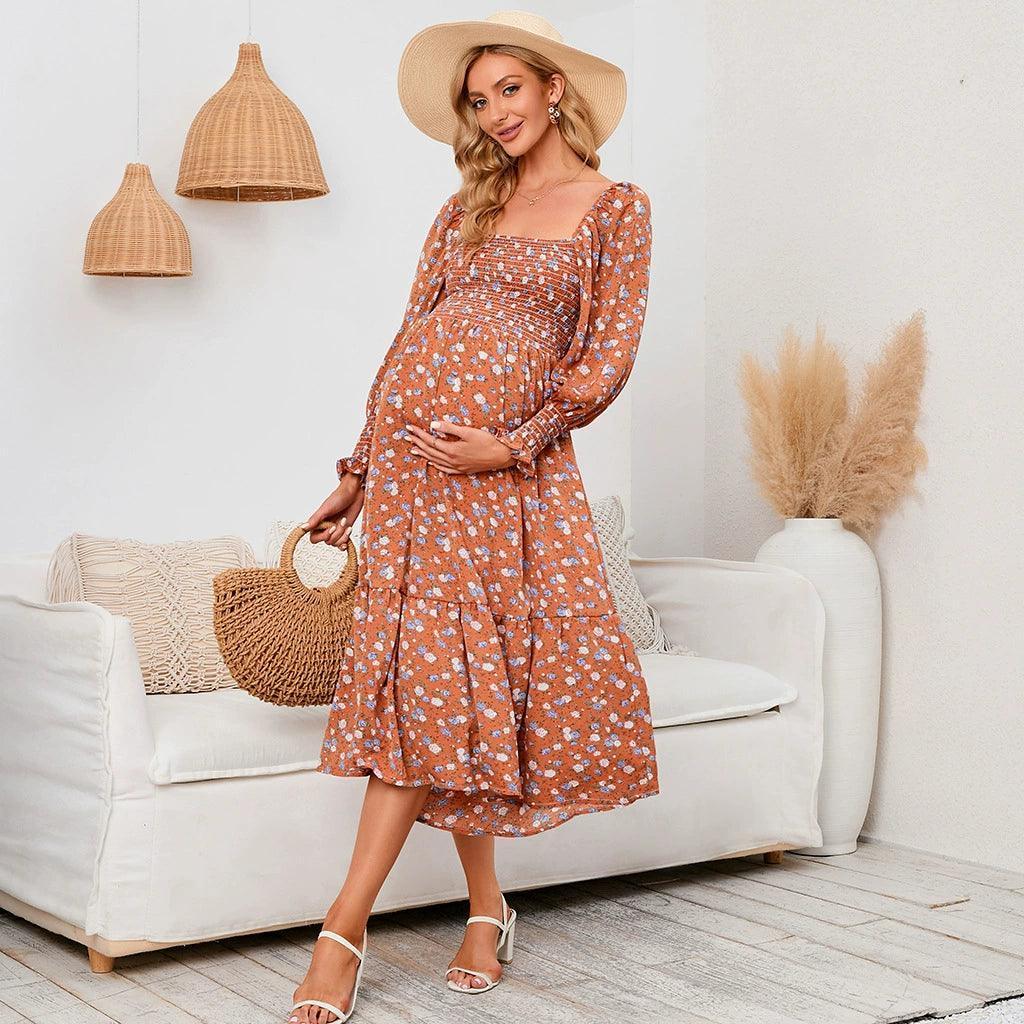 Pregnant Women's Long Dress – Small Fragmented Flower Design - ClubOn