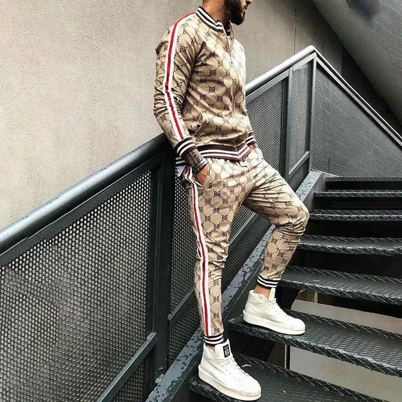 Men's Tracksuit Set - Fashion Plaid Jacket + Pants 2-Piece Set - ClubOn