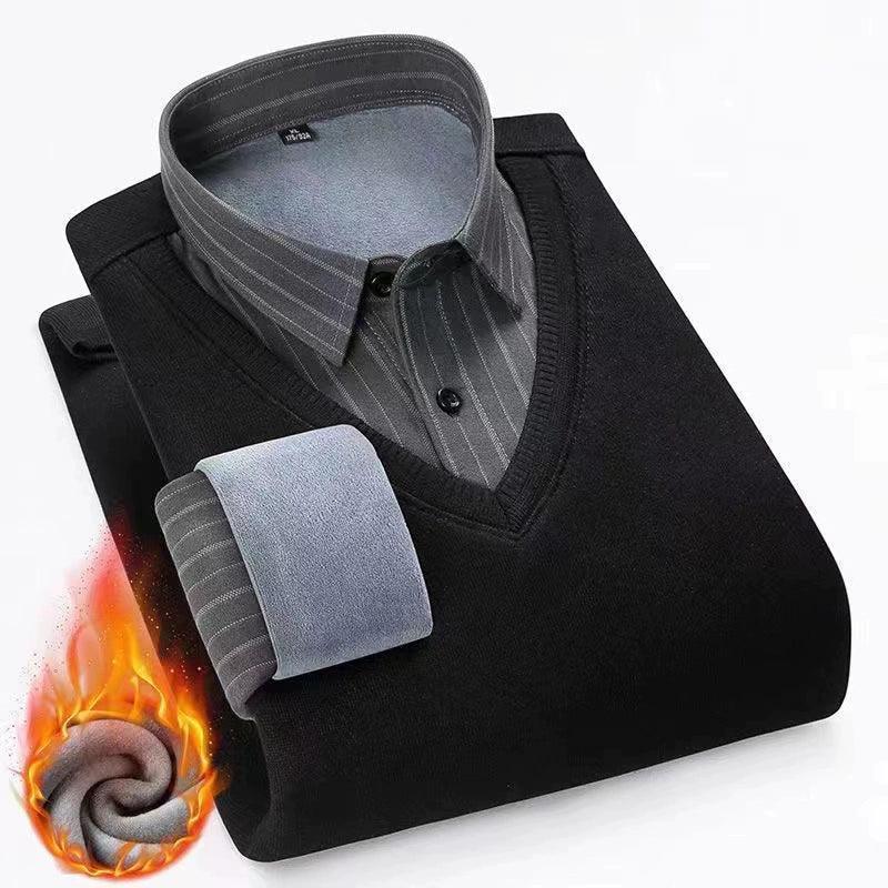 Paul Men's Autumn & Winter Plus Velvet Striped Sweater - Thickened Pullover - ClubOn