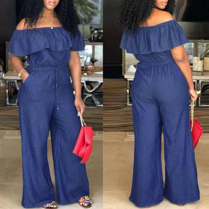 Plus Size One-Shoulder Ruffled Jumpsuit Jeans - Sexy Fashion - ClubOn