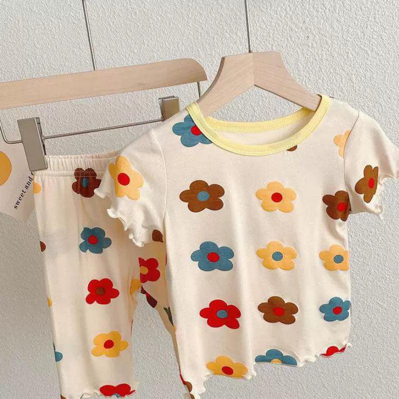 Girls Flower Print Pajamas: Summer Thin Casual Set - ClubOn