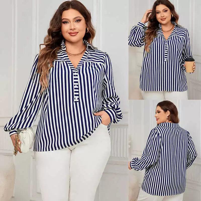 Plus Size Women's Shirt, Autumn Fashion Stripes Loose Tops - ClubOn
