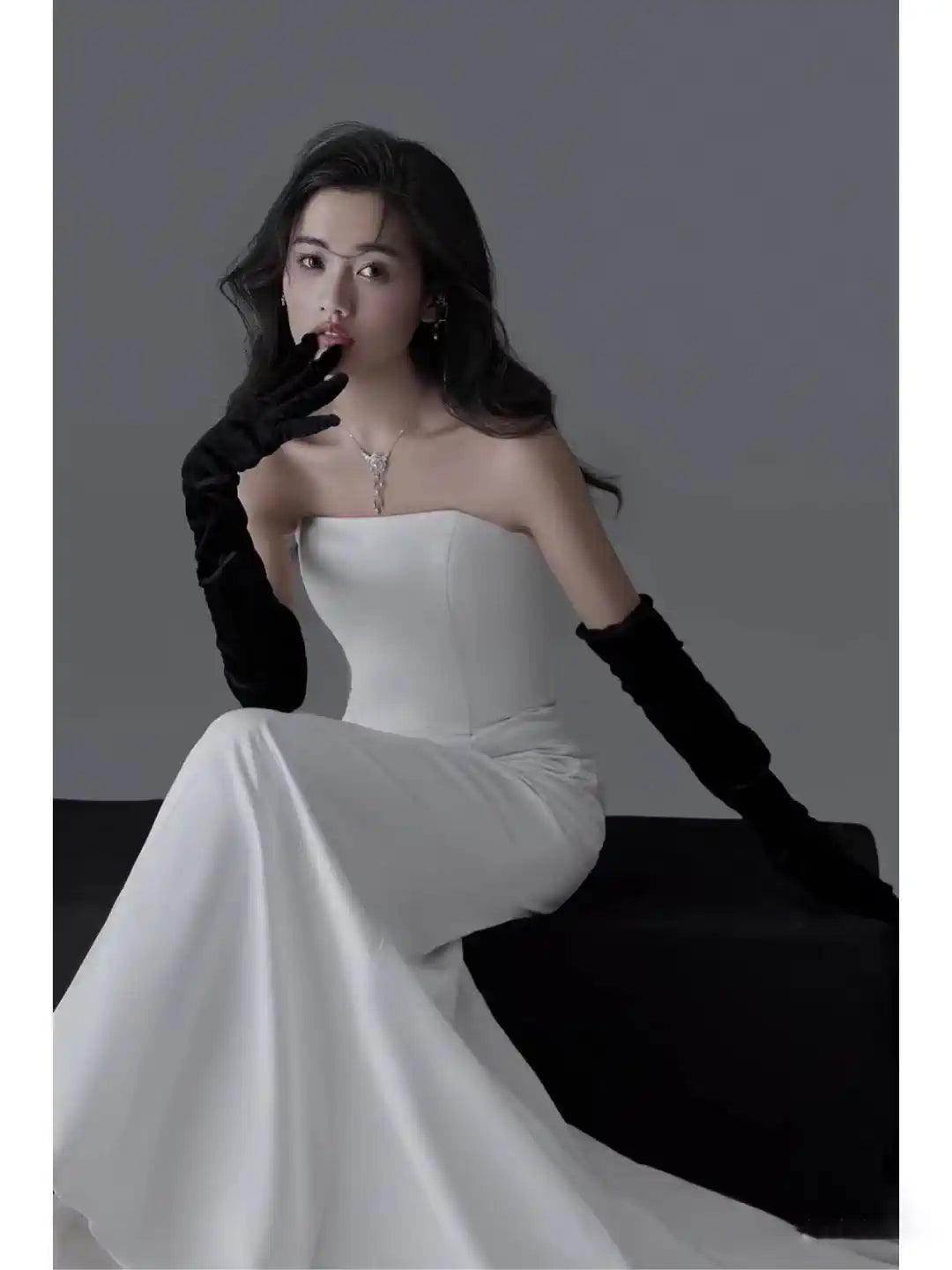 New Outdoor Bridal Gown - Sleeveless Inspired Vintage Mermaid Dress, Short White Photography Gown - ClubOn