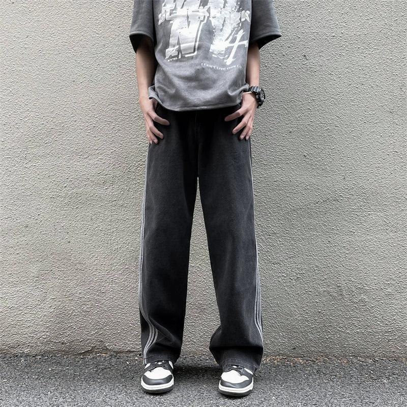 Men’s Summer Three-Bar Striped Wide-Leg Jeans - Vintage Loose Fit - ClubOn