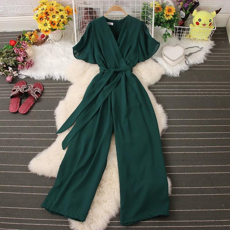 Korean INS V-Neck Tie Waist Jumpsuit for Women - ClubOn