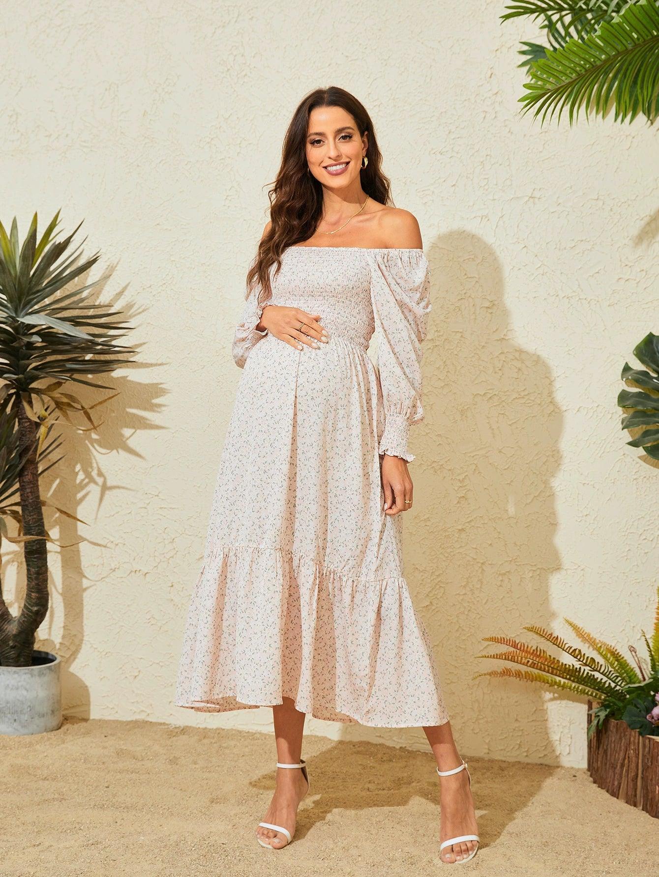 Pregnant Women's Long Dress – Small Fragmented Flower Design - ClubOn