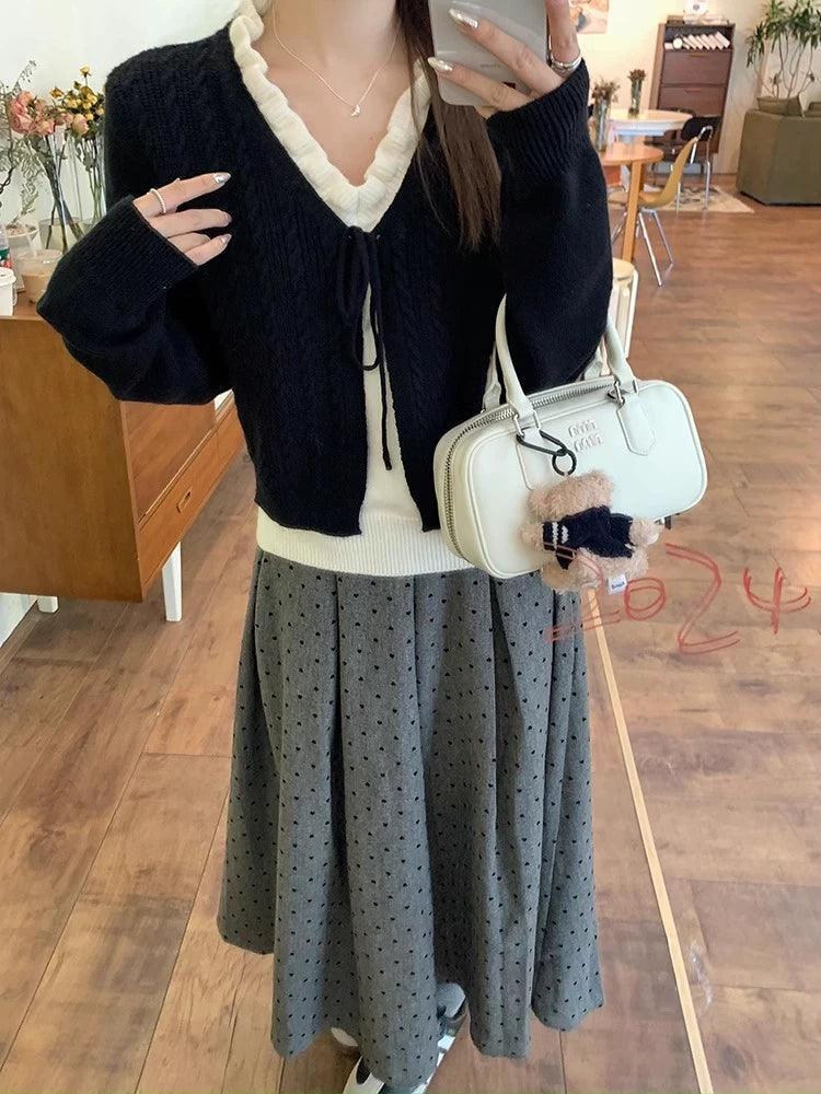 French Retro Fake Two-Piece V-Neck Sweater for Women - ClubOn