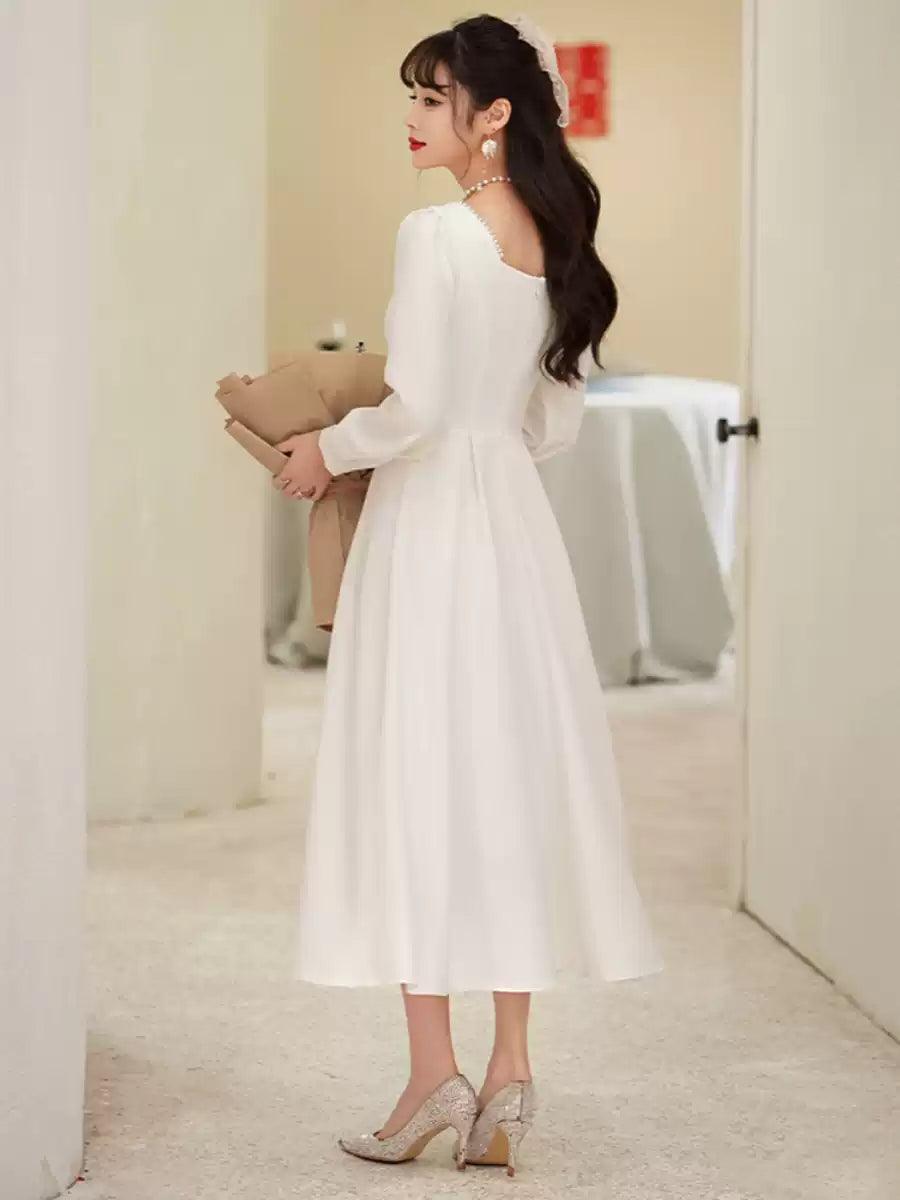 Simple White Dress for Registration - Petite Bride Engagement Dress, Light Wedding Dress, Everyday Wear, Midi Length - ClubOn