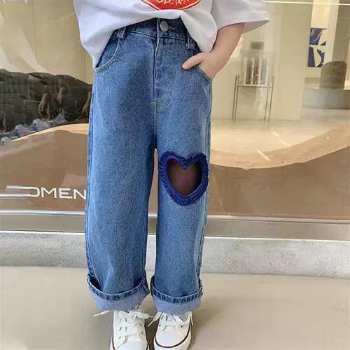 Spring & Summer Girls' Soft Denim Jeans - Elastic Waist with Heart Design - ClubOn