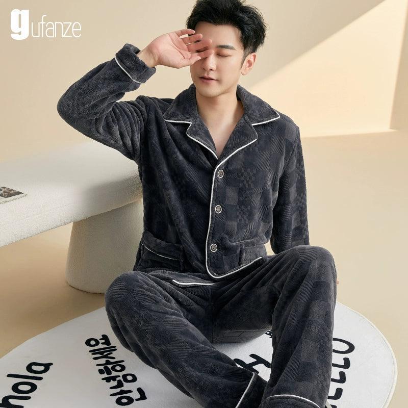 Pajamas – Men’s Flannel Thickened Velvet Coral Fleece Suit - ClubOn