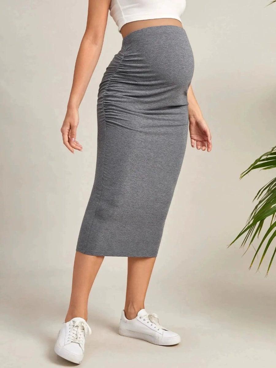 High-Waisted Maternity Skirt - Solid Color Casual Midi Skirt for Pregnant Women - ClubOn