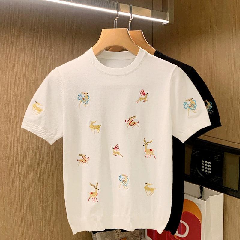 Men's Colorful Elk Embroidery T-Shirt - Trendy Knitted Short-Sleeve - ClubOn