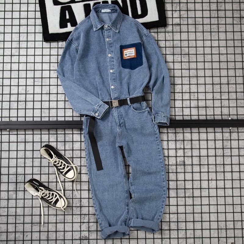 Men’s Spring & Summer Workwear Jumpsuit – Trendy Solid Color Denim One-Piece - ClubOn