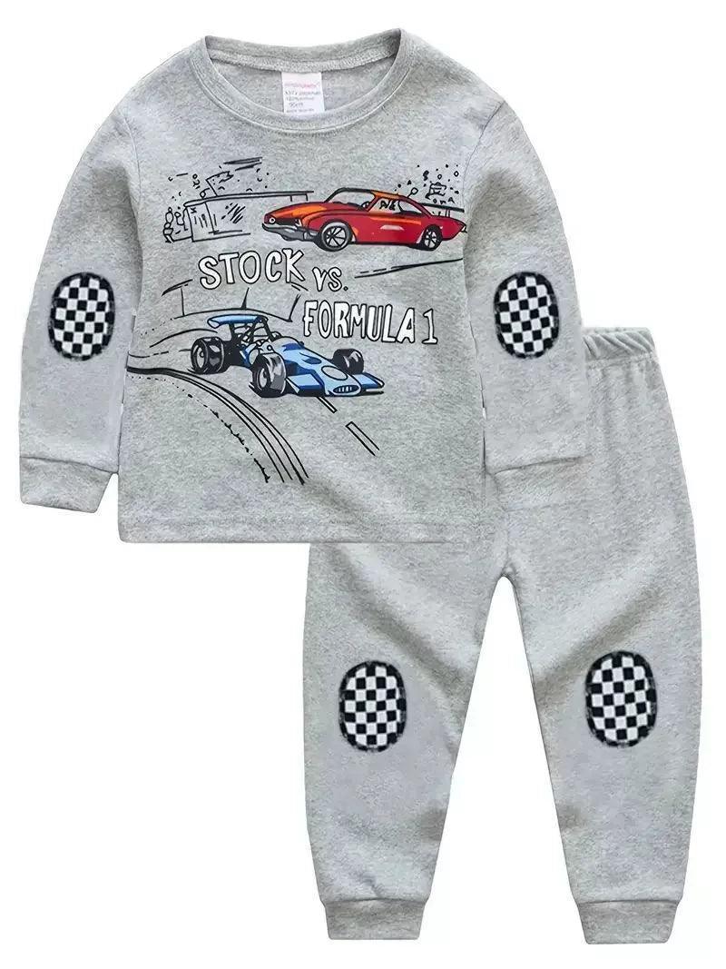 Kids' Pajamas - Cartoon Car Print with Plaid Stitching - ClubOn