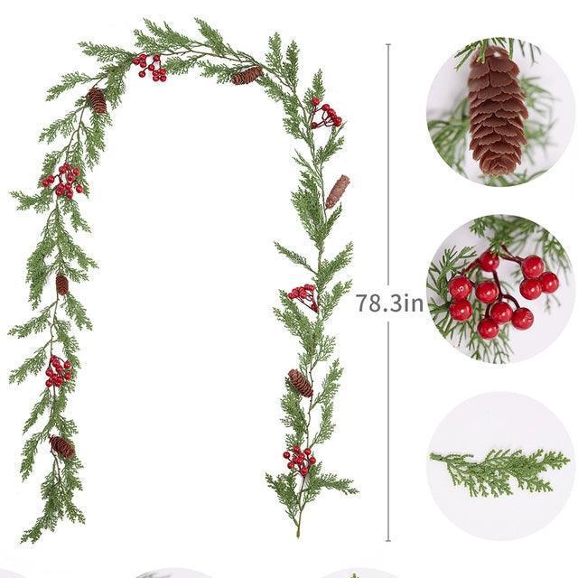 Christmas Pine Vine Garland with Red Berries - Festive Rattan Home Décor - ClubOn