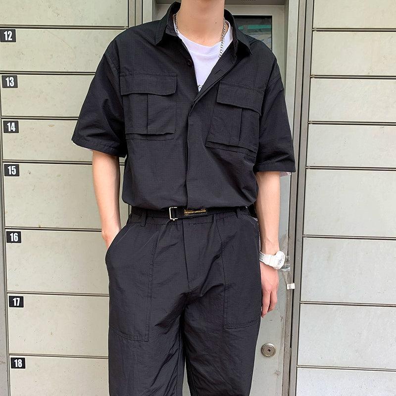 Men’s Retro Workwear Jumpsuit – Short Sleeve Belted Nine-Point Pants - ClubOn